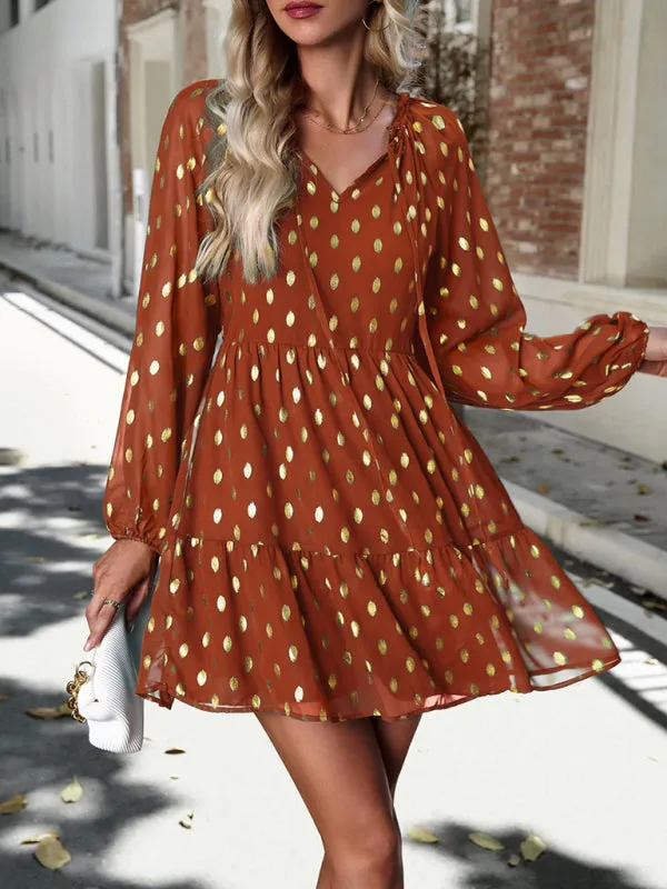 Polka Dot Chiffon V-Neck Dress with Tiered Skirt