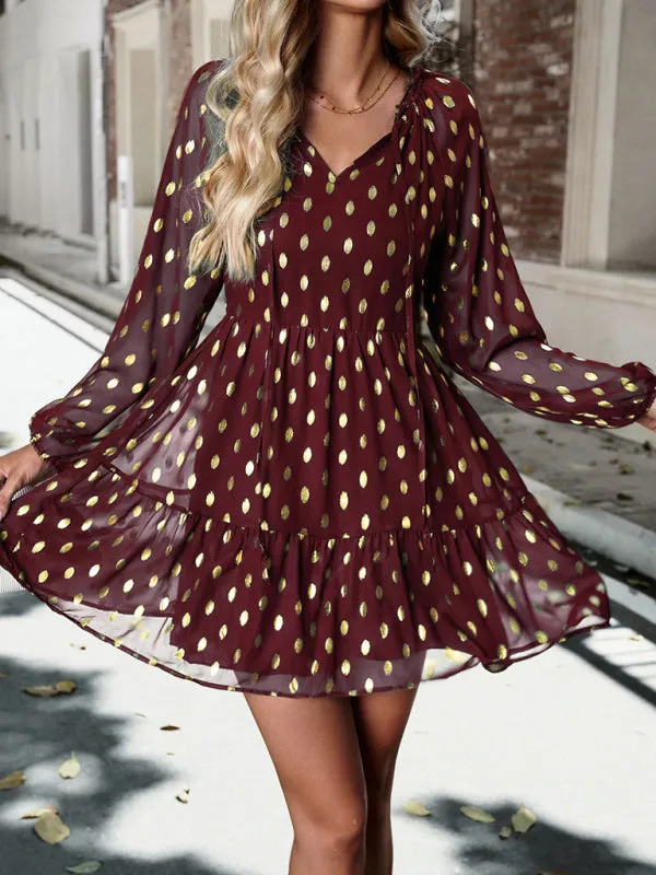 Polka Dot Chiffon V-Neck Dress with Tiered Skirt