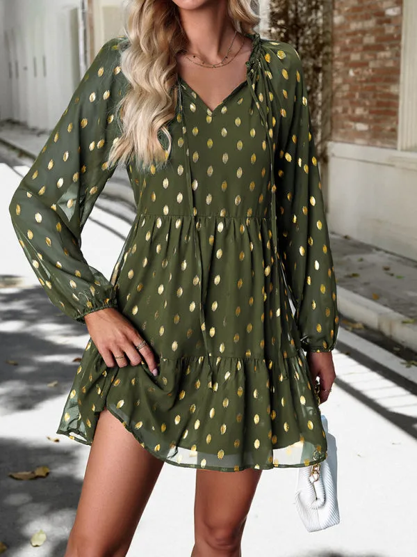 Polka Dot Chiffon V-Neck Dress with Tiered Skirt