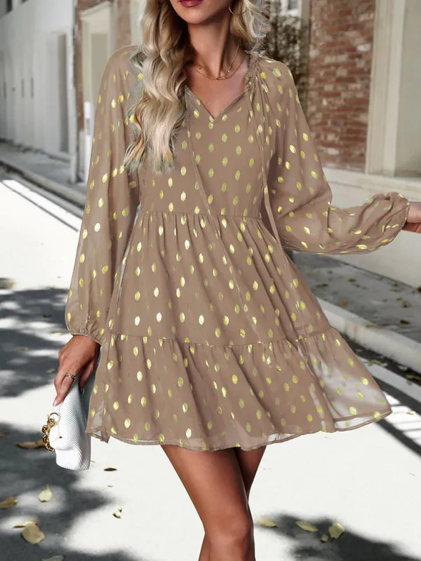 Polka Dot Chiffon V-Neck Dress with Tiered Skirt