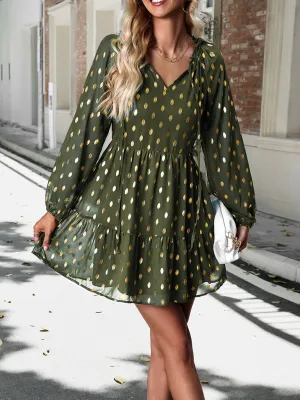 Polka Dot Chiffon V-Neck Dress with Tiered Skirt