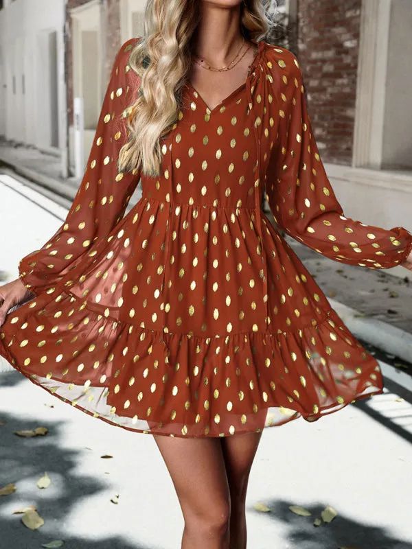 Polka Dot Chiffon V-Neck Dress with Tiered Skirt