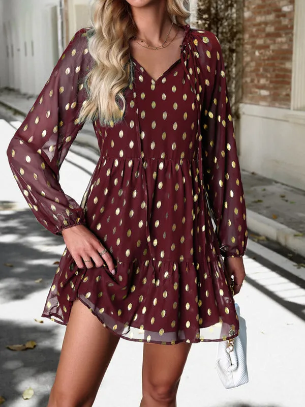 Polka Dot Chiffon V-Neck Dress with Tiered Skirt