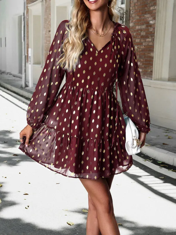 Polka Dot Chiffon V-Neck Dress with Tiered Skirt
