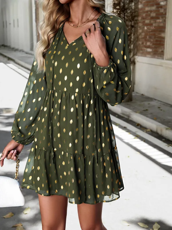 Polka Dot Chiffon V-Neck Dress with Tiered Skirt
