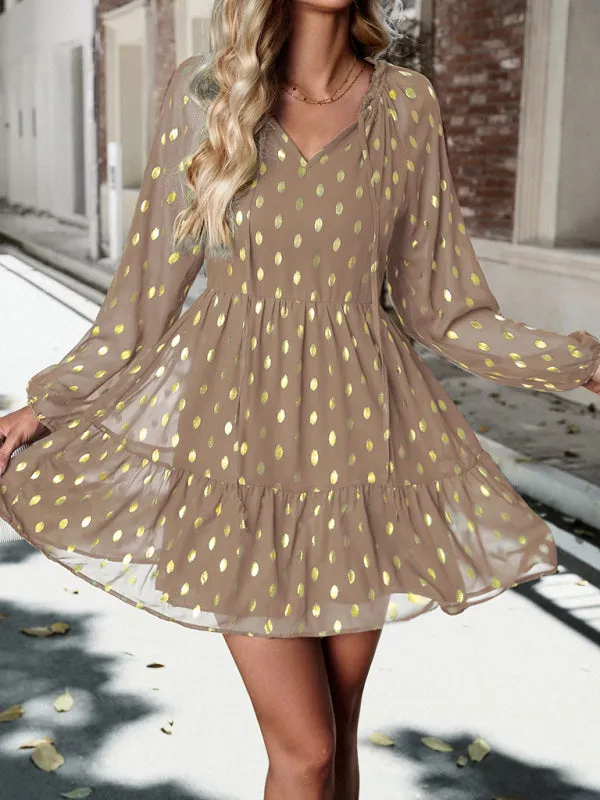 Polka Dot Chiffon V-Neck Dress with Tiered Skirt