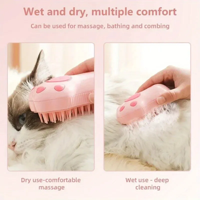 Premium 3-in-1 Steam Cat Brush - Gentle Self-Cleaning Massage Tool To Remove Tangles and Loose Hair, Ergonomic Design, Pink