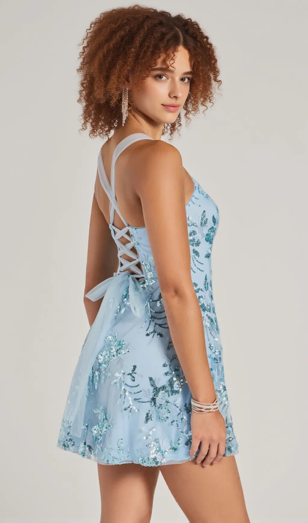Pretty Elegance Tulle Lace-Up Floral Sequin Mini Dress