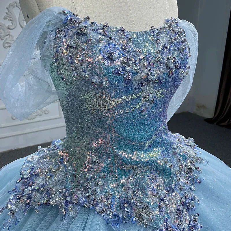 Princess Cap sleeve Ball Gown Sequins Square Collar Evening Party Dresses