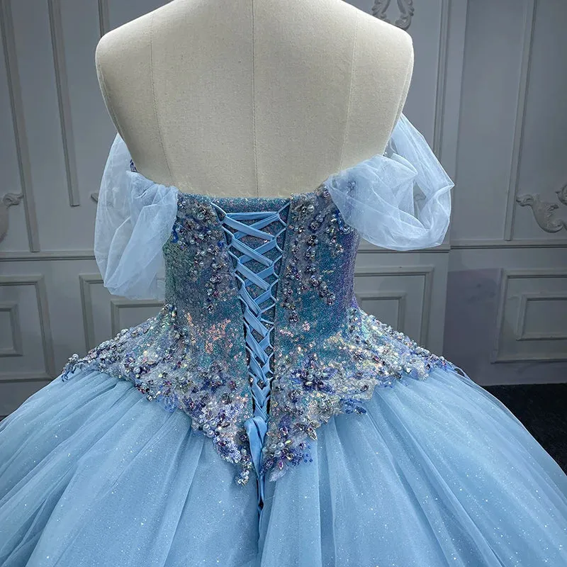 Princess Cap sleeve Ball Gown Sequins Square Collar Evening Party Dresses