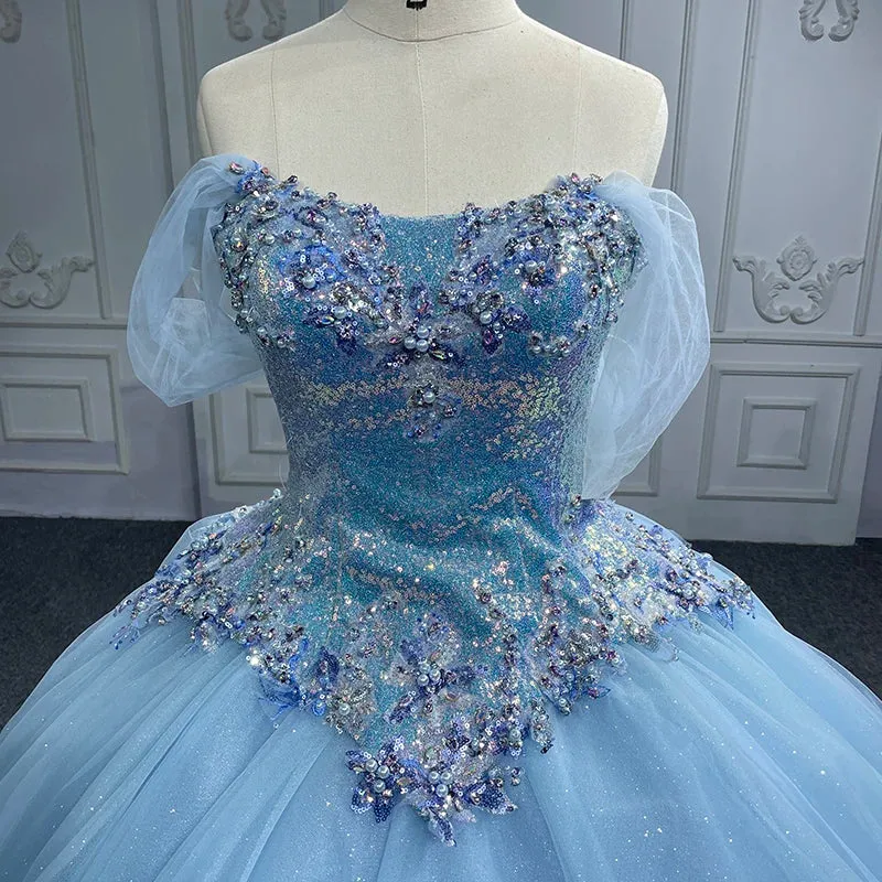 Princess Cap sleeve Ball Gown Sequins Square Collar Evening Party Dresses