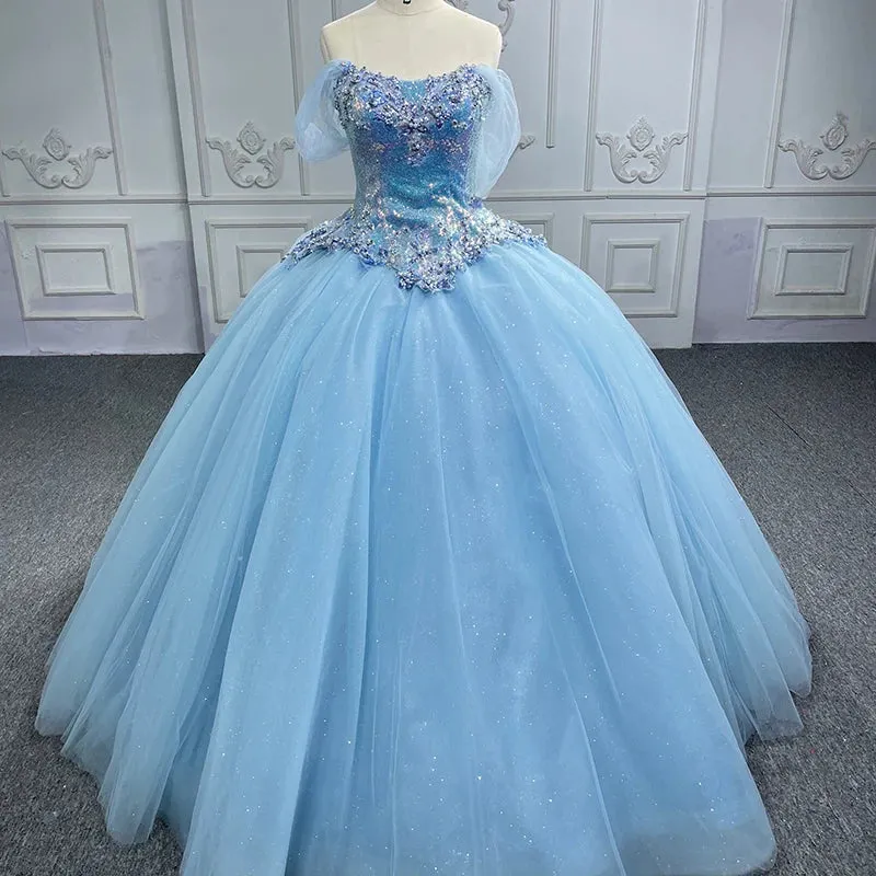 Princess Cap sleeve Ball Gown Sequins Square Collar Evening Party Dresses