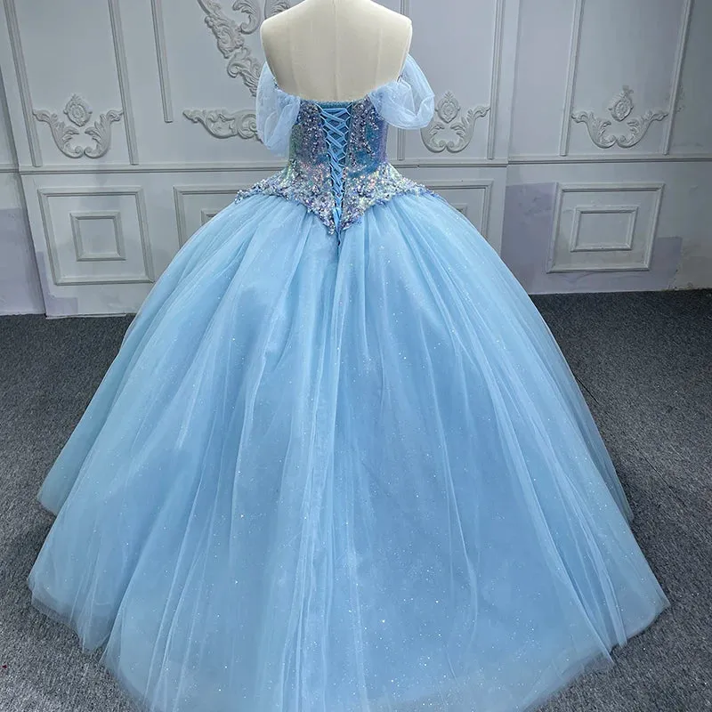 Princess Cap sleeve Ball Gown Sequins Square Collar Evening Party Dresses