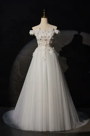 Princess Off-the-shoulder Ivory Long Prom Dress with Flower Appliques