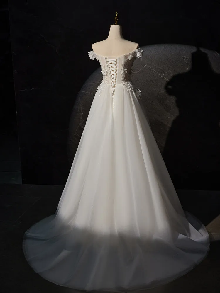 Princess Off-the-shoulder Ivory Long Prom Dress with Flower Appliques