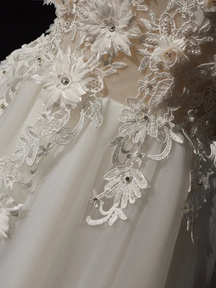 Princess Off-the-shoulder Ivory Long Prom Dress with Flower Appliques