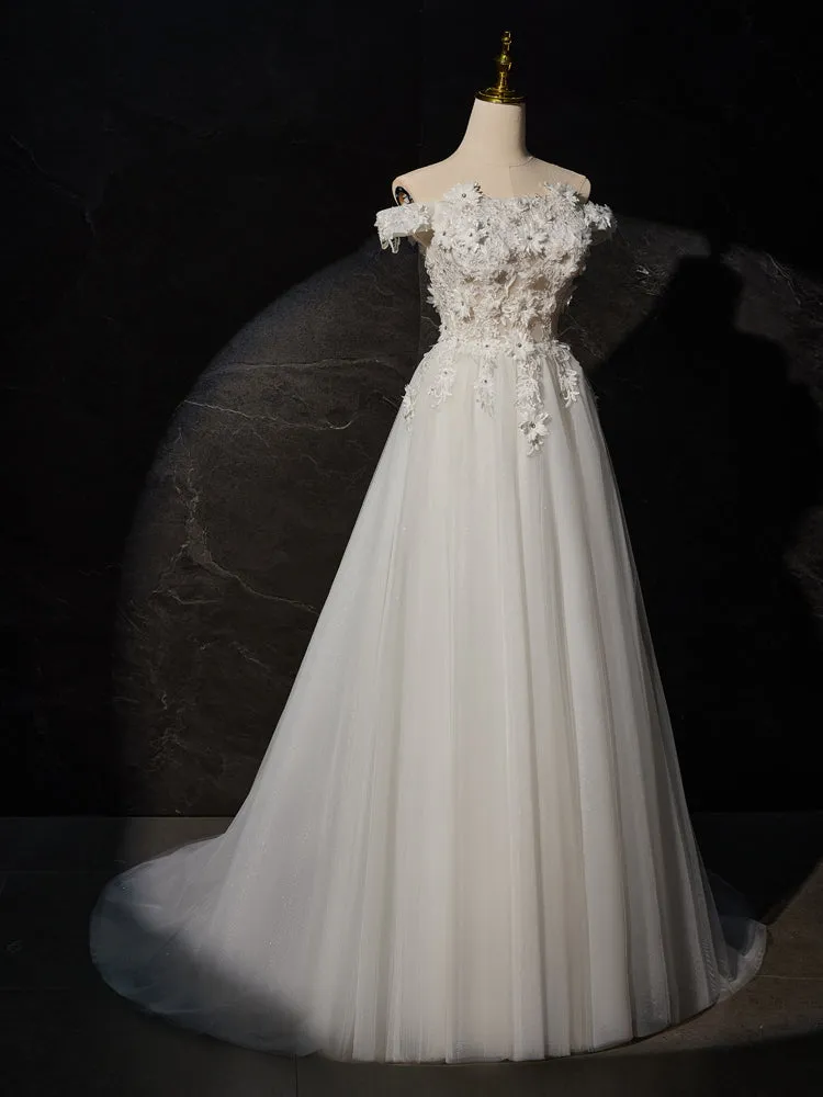 Princess Off-the-shoulder Ivory Long Prom Dress with Flower Appliques