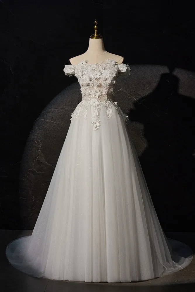 Princess Off-the-shoulder Ivory Long Prom Dress with Flower Appliques