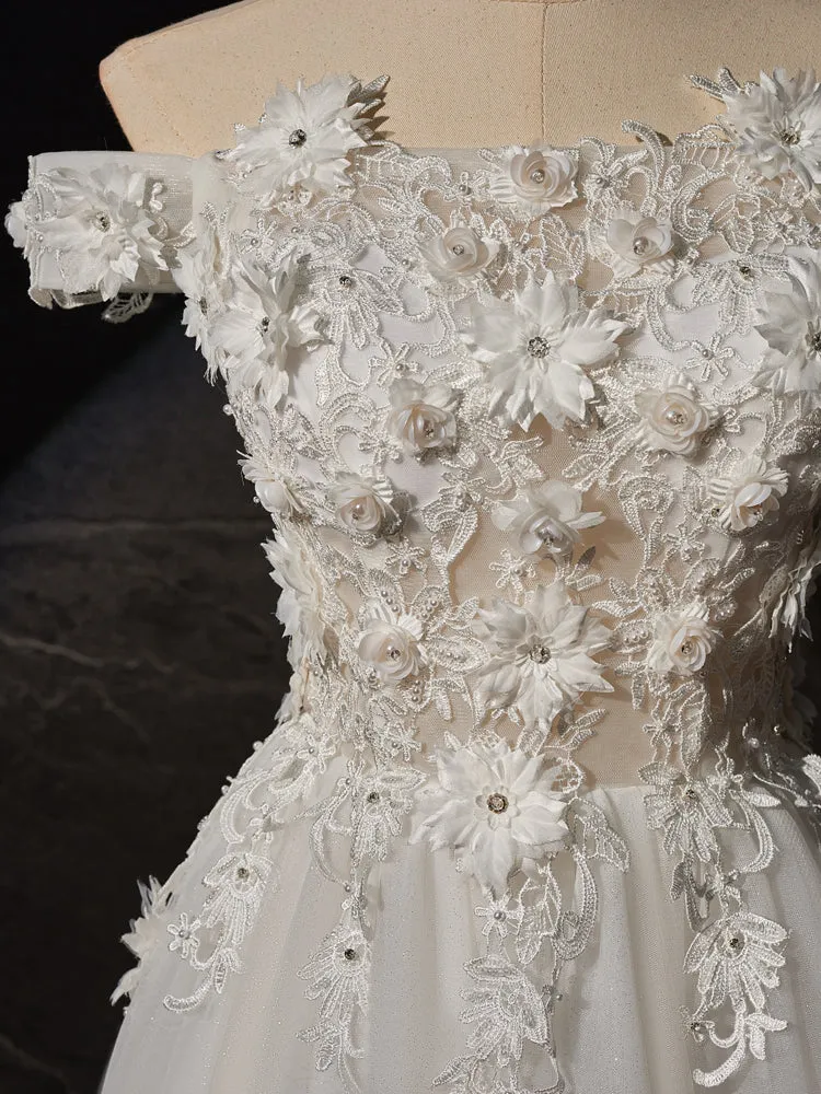 Princess Off-the-shoulder Ivory Long Prom Dress with Flower Appliques