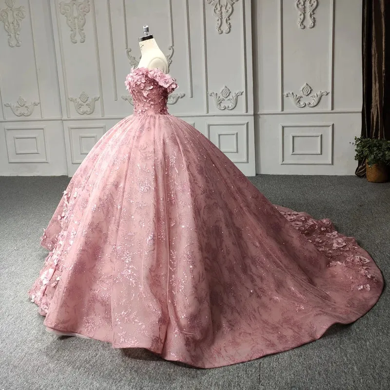 Princess Pink Sleeveless Prom Dresses Sweetheart Ball Gown with Appliques and Pearls