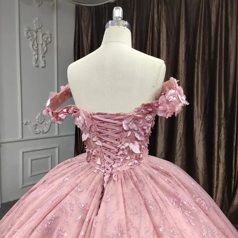 Princess Pink Sleeveless Prom Dresses Sweetheart Ball Gown with Appliques and Pearls