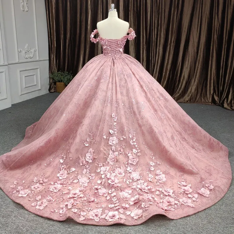 Princess Pink Sleeveless Prom Dresses Sweetheart Ball Gown with Appliques and Pearls