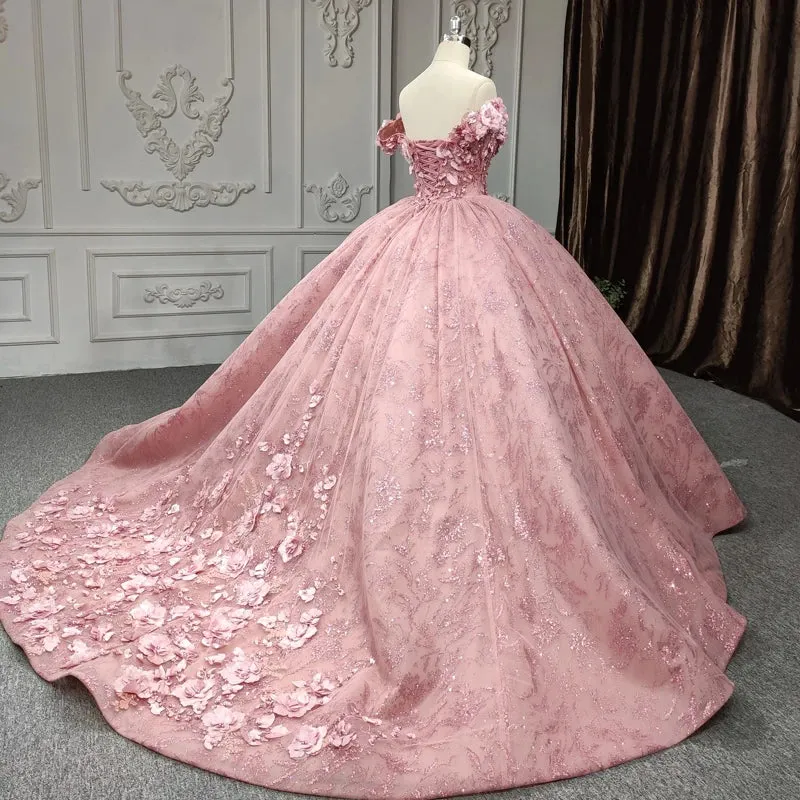 Princess Pink Sleeveless Prom Dresses Sweetheart Ball Gown with Appliques and Pearls