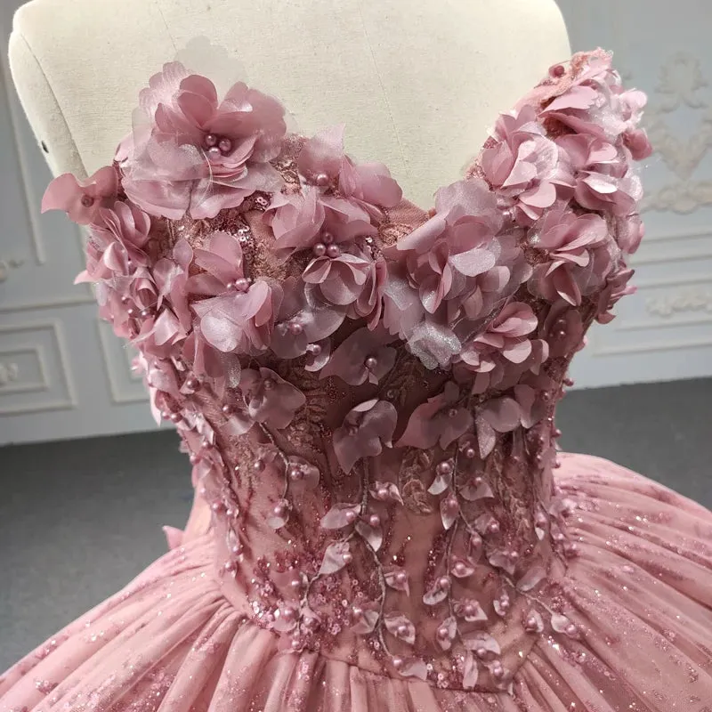 Princess Pink Sleeveless Prom Dresses Sweetheart Ball Gown with Appliques and Pearls