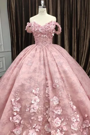 Princess Pink Sleeveless Prom Dresses Sweetheart Ball Gown with Appliques and Pearls