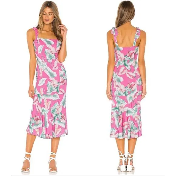 Privacy Please Celine Midi Dress Womens Large Pink Tropical Floral Hawaiian NWT