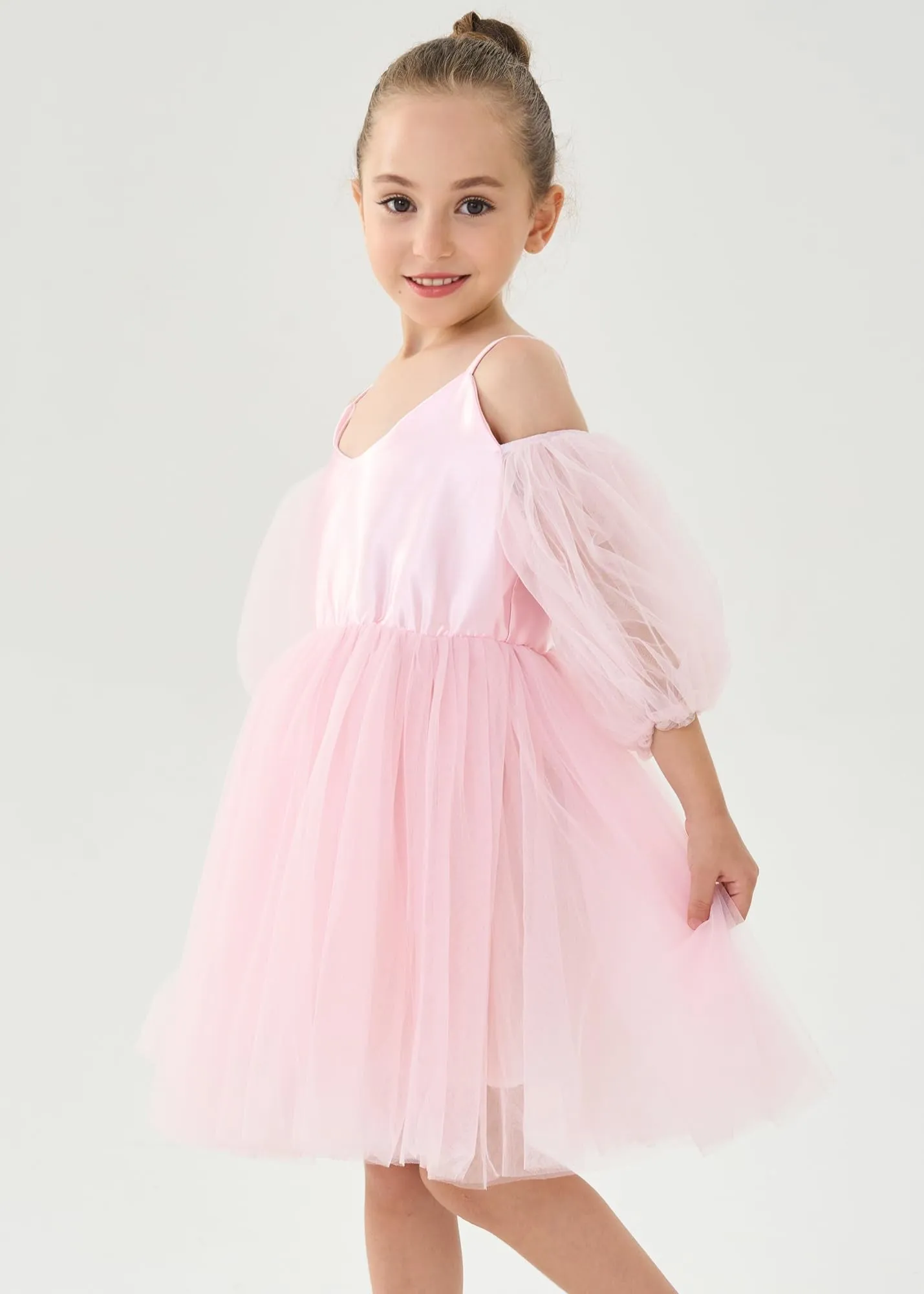 Puff Sheer Sleeve Tulle Girl Dress in Pink