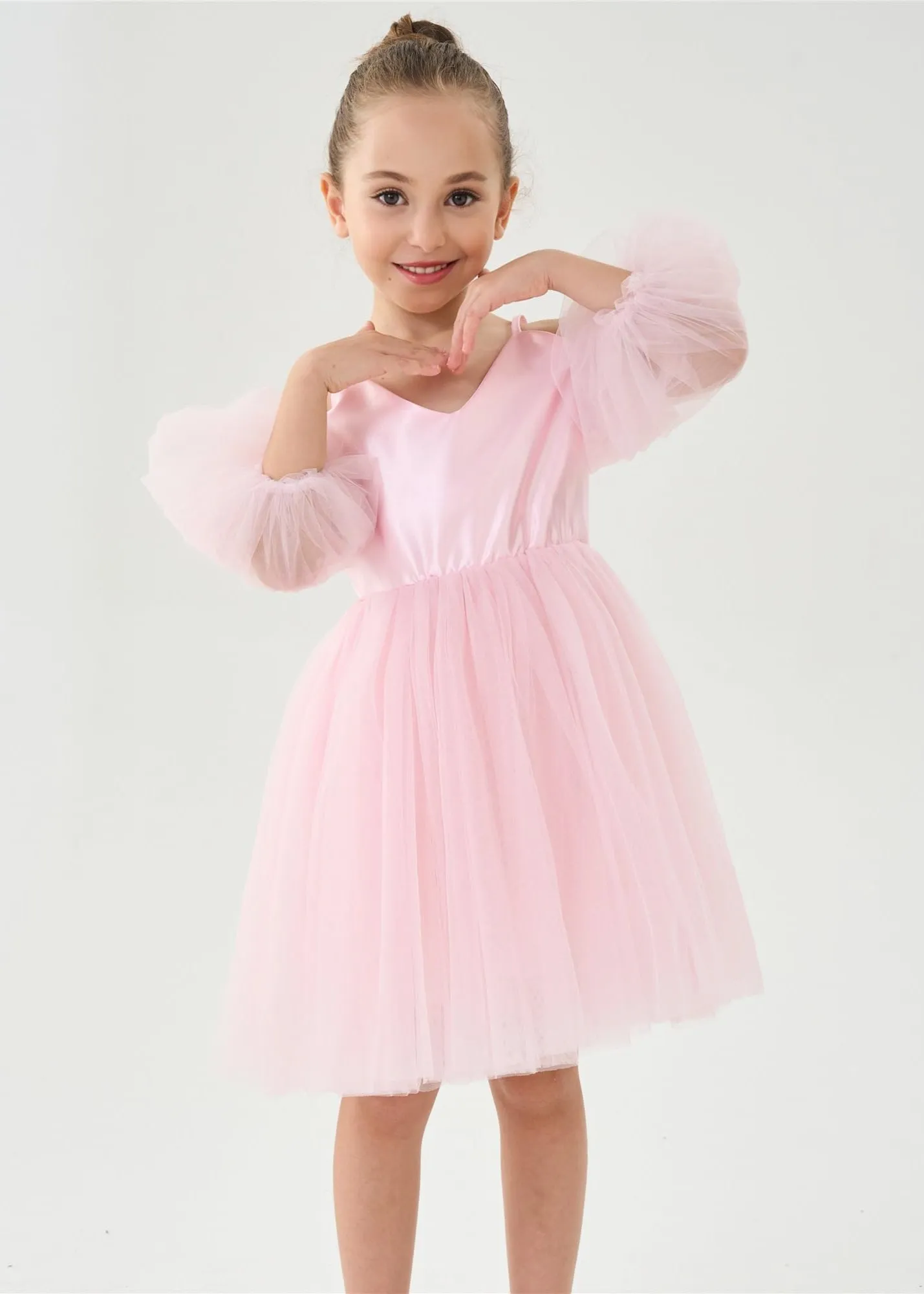 Puff Sheer Sleeve Tulle Girl Dress in Pink