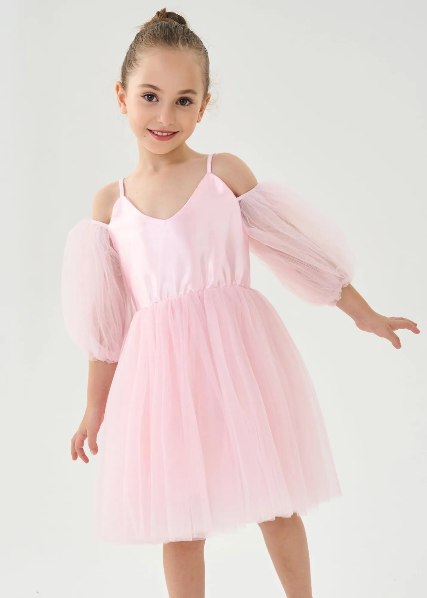 Puff Sheer Sleeve Tulle Girl Dress in Pink