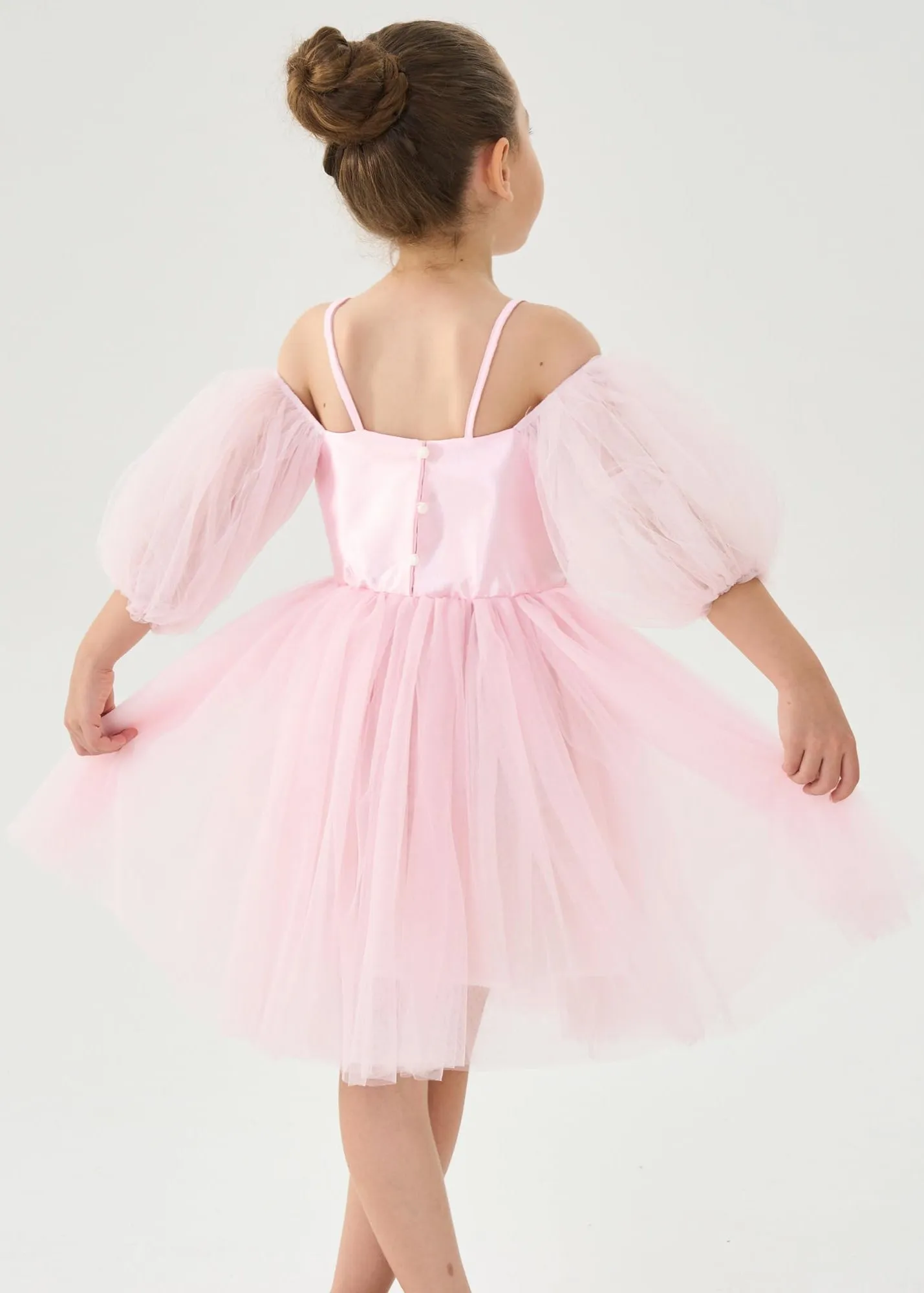 Puff Sheer Sleeve Tulle Girl Dress in Pink
