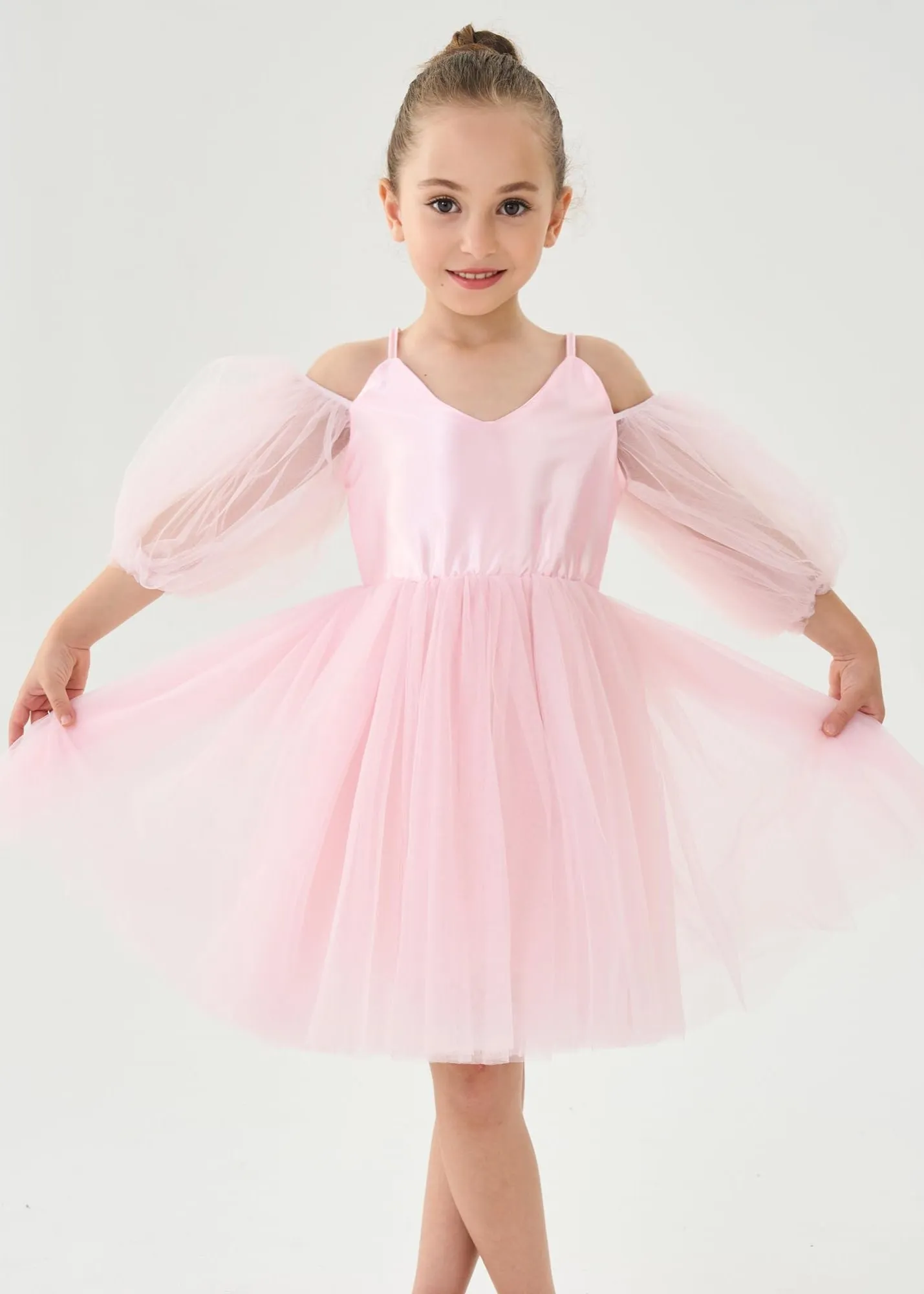 Puff Sheer Sleeve Tulle Girl Dress in Pink