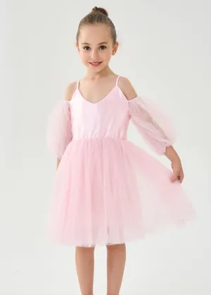 Puff Sheer Sleeve Tulle Girl Dress in Pink