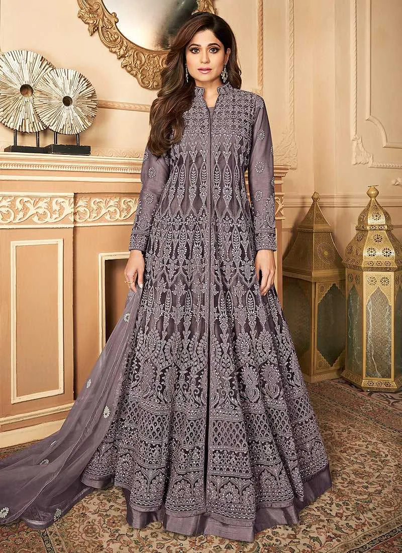 Purple Lucknowi Work Embroidered Anarkali style Lehenga