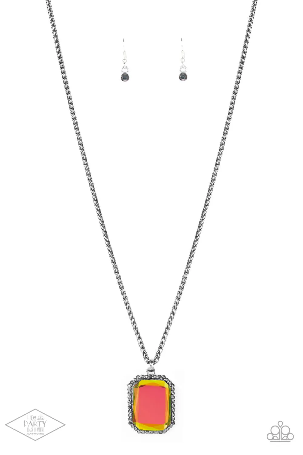 "Let Your Heir Down" Gunmetal Multi Oil Spill Emerald Cut Gem Necklace Set