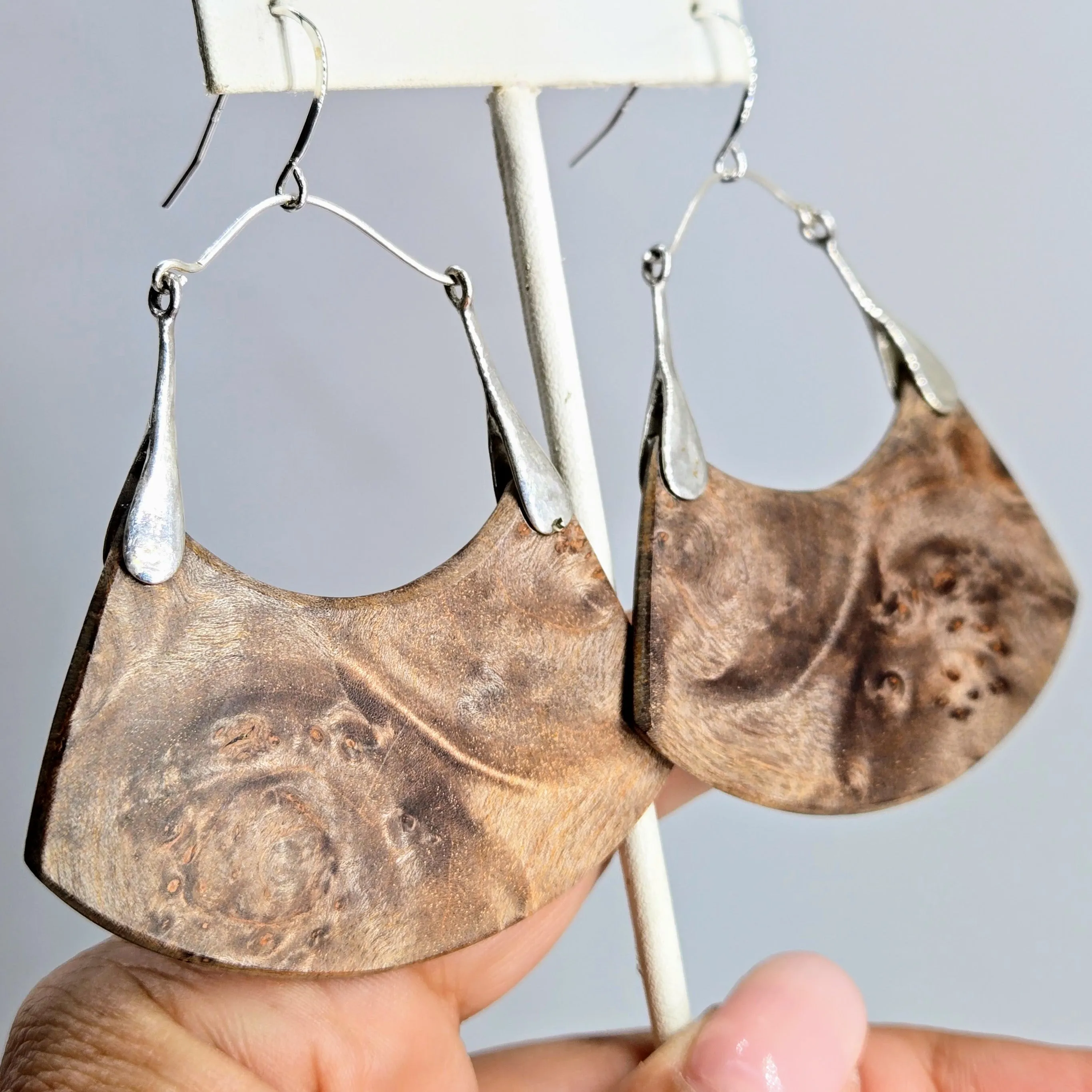 "Soul Sister" 2.5" - 3" Earrings - Exotic Burl Wood, Sterling