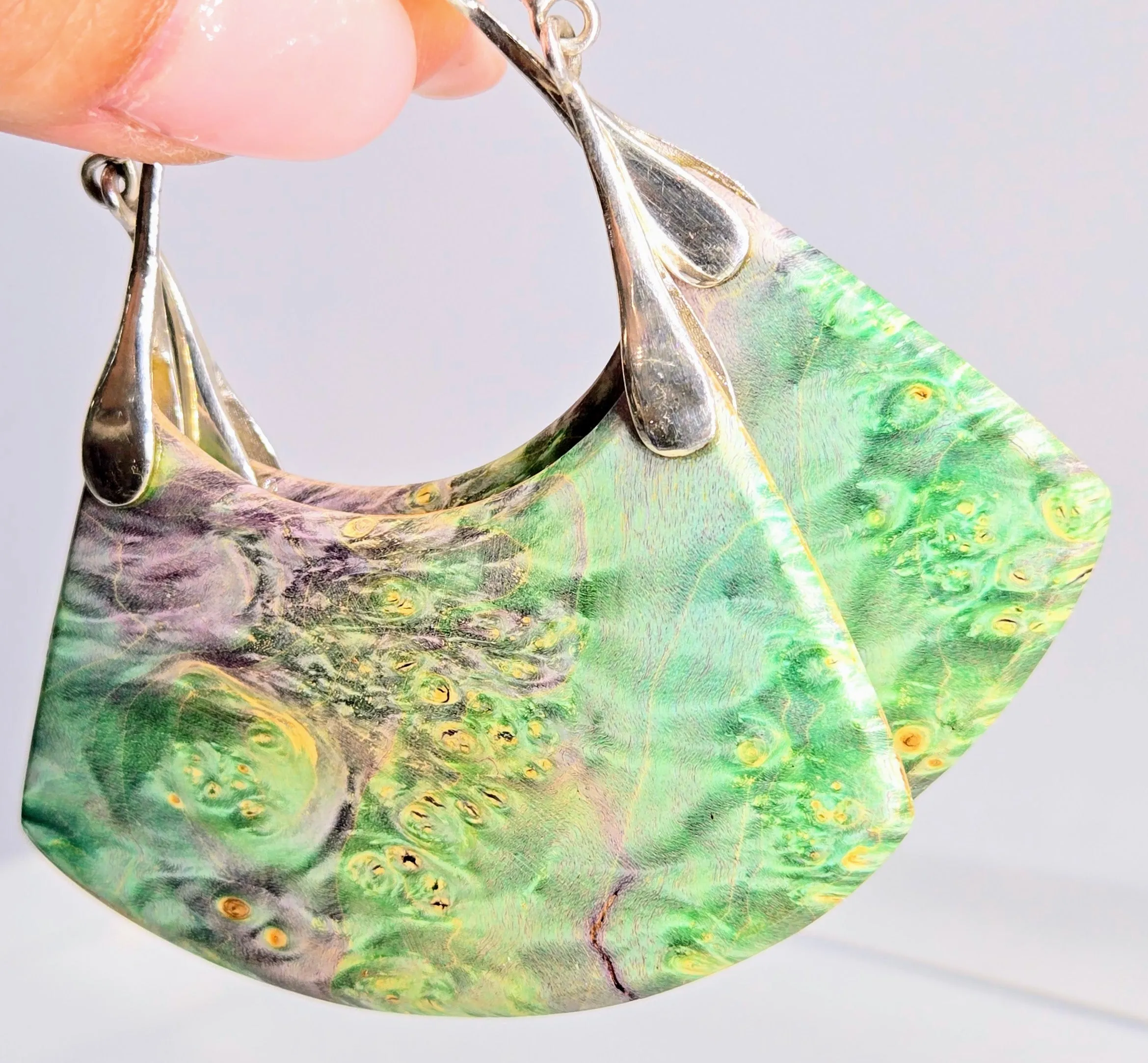 "Soul Sister" 2.5" - 3" Earrings - Exotic Burl Wood, Sterling