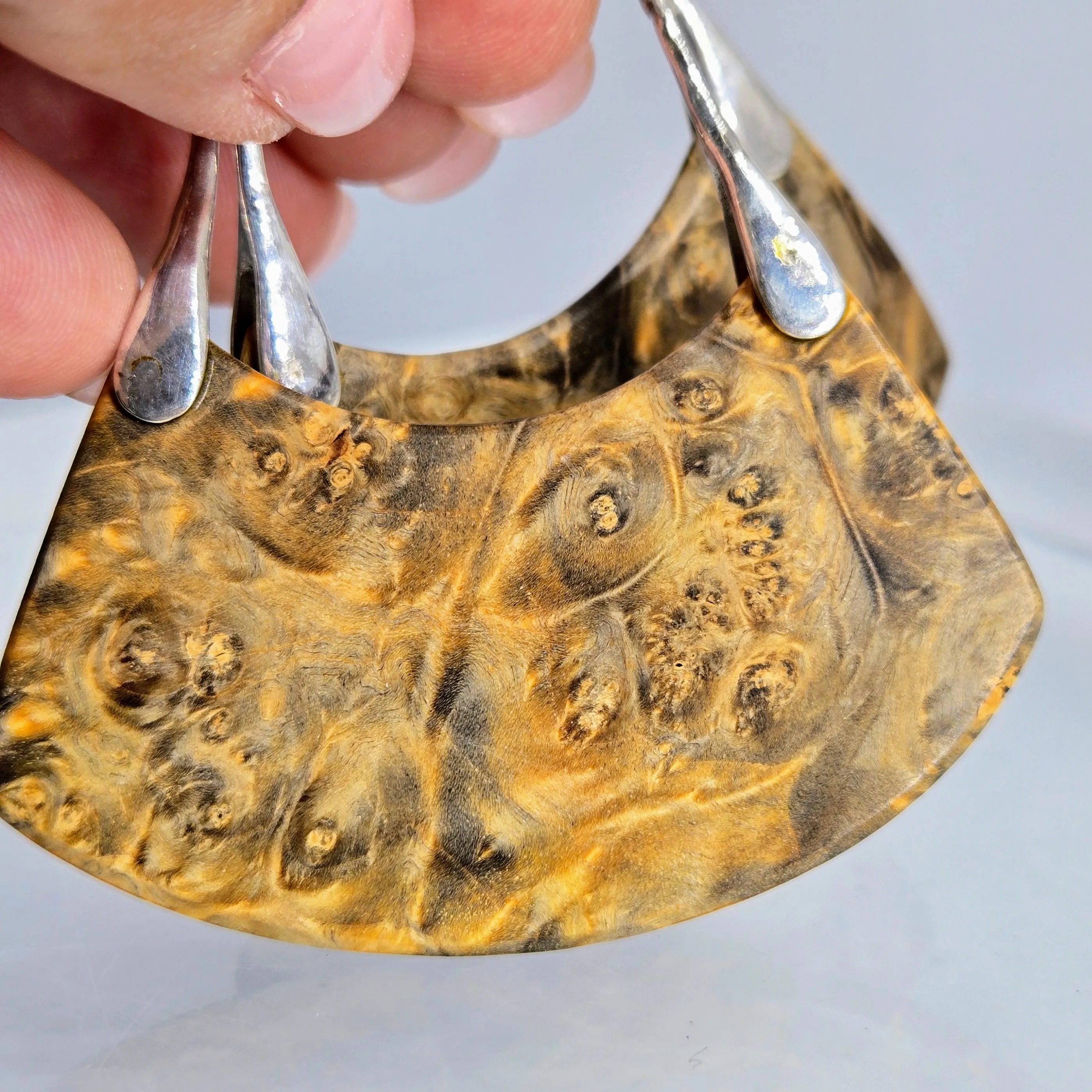 "Soul Sister" 2.5" - 3" Earrings - Exotic Burl Wood, Sterling