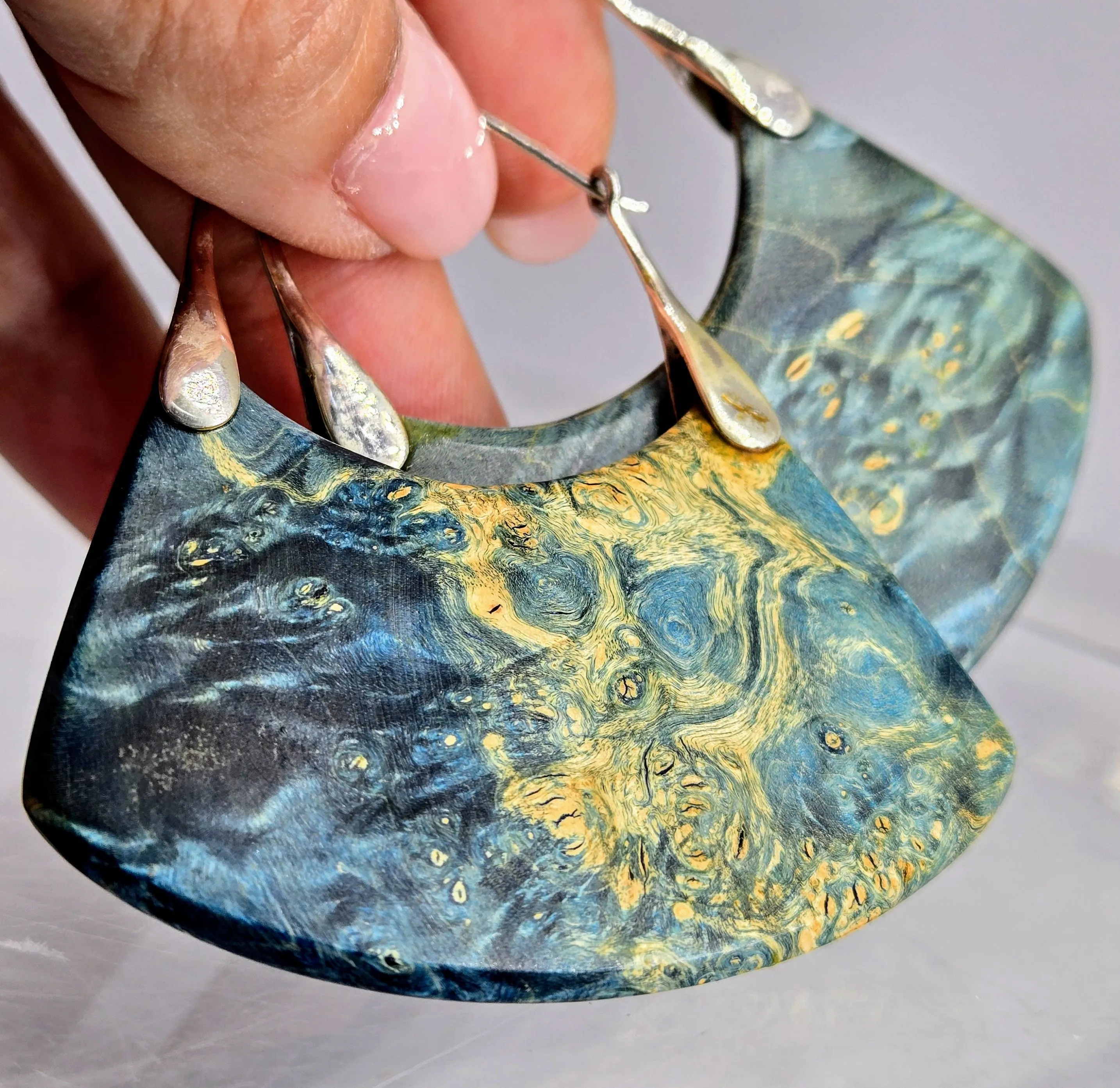 "Soul Sister" 2.5" - 3" Earrings - Exotic Burl Wood, Sterling
