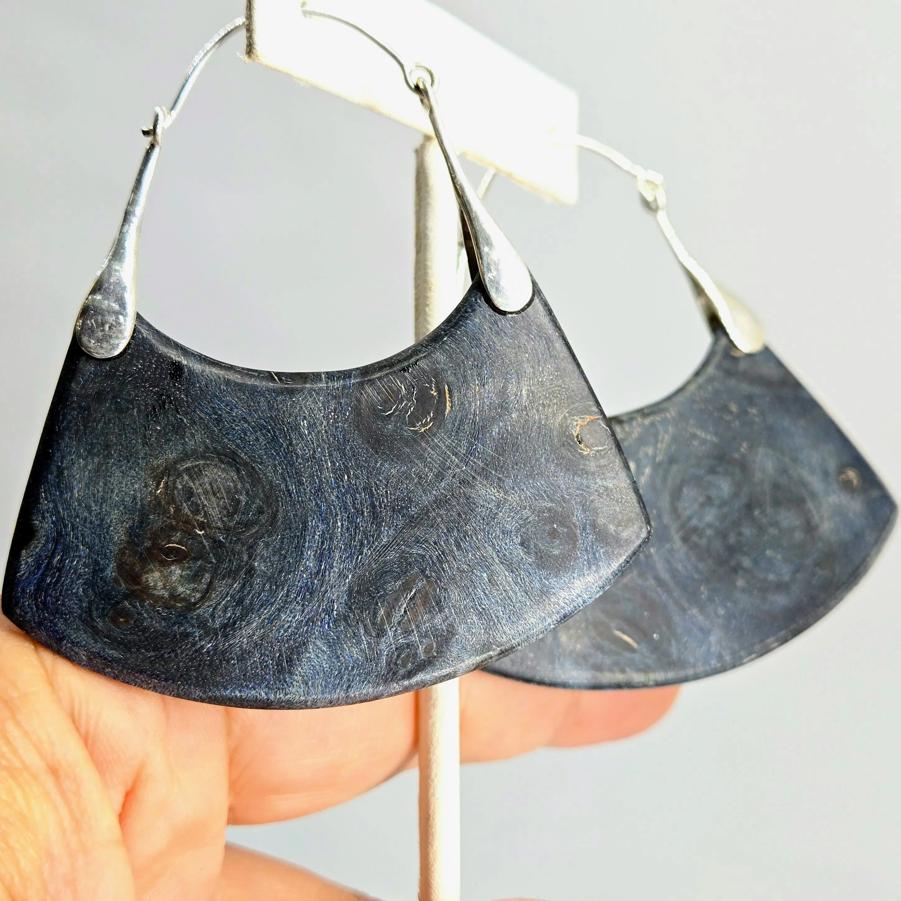 "Soul Sister" 2.5" - 3" Earrings - Exotic Burl Wood, Sterling