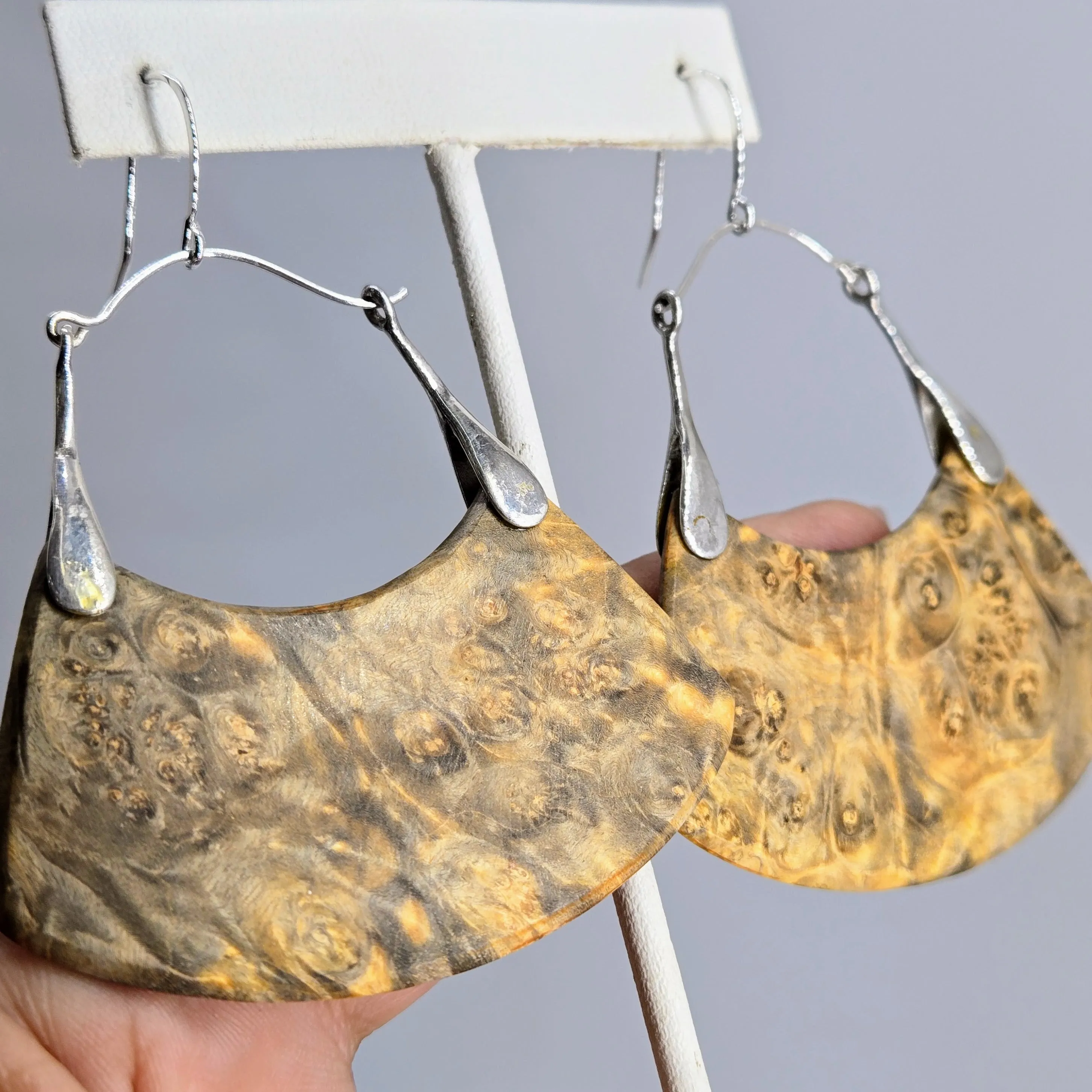 "Soul Sister" 2.5" - 3" Earrings - Exotic Burl Wood, Sterling