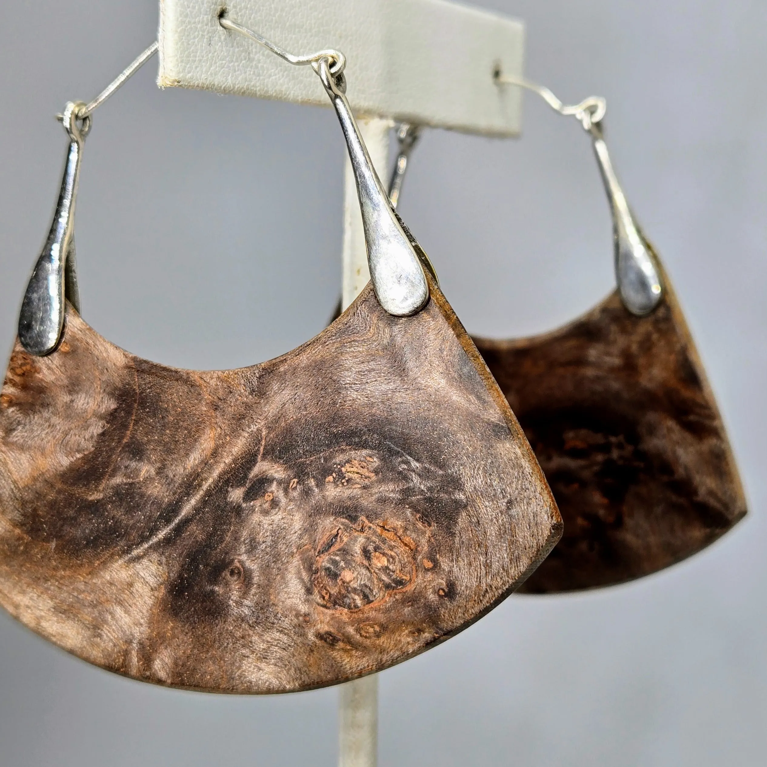 "Soul Sister" 2.5" - 3" Earrings - Exotic Burl Wood, Sterling