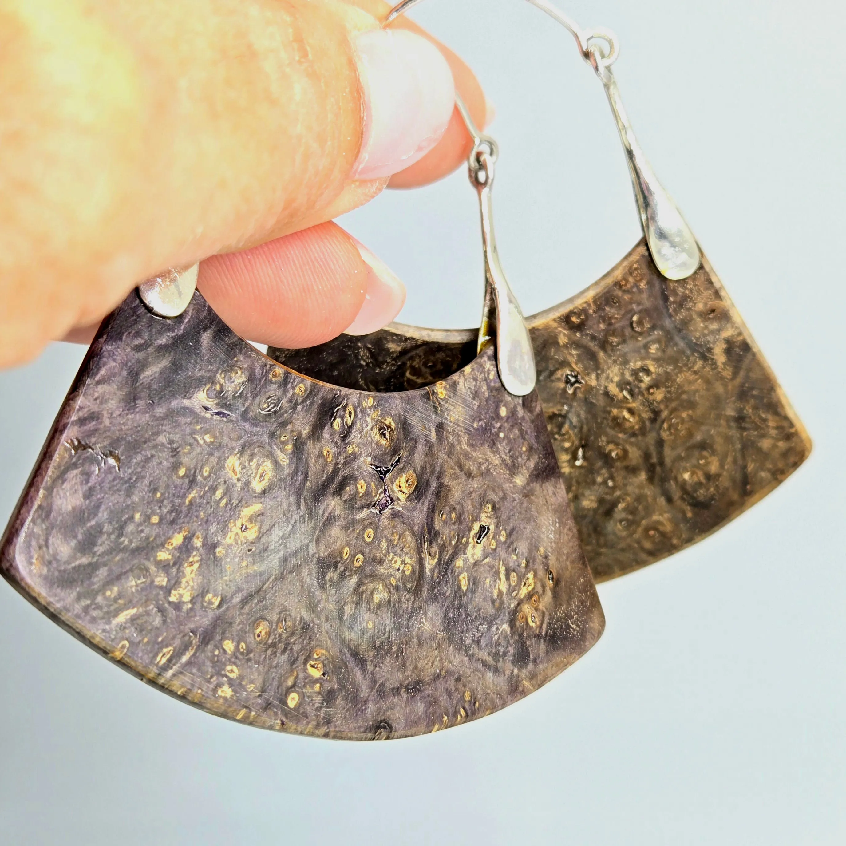 "Soul Sister" 2.5" - 3" Earrings - Exotic Burl Wood, Sterling