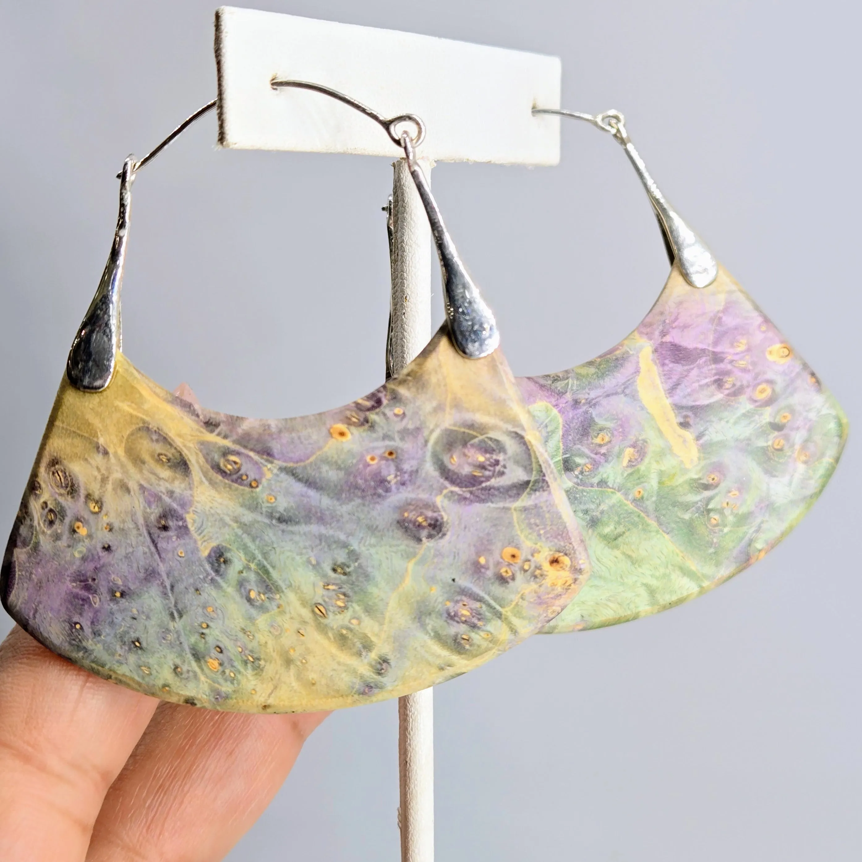 "Soul Sister" 2.5" - 3" Earrings - Exotic Burl Wood, Sterling