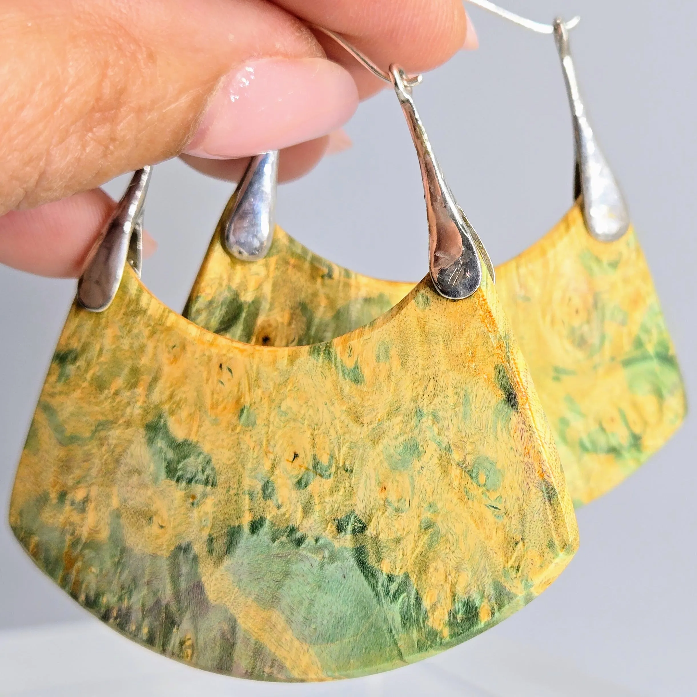 "Soul Sister" 2.5" - 3" Earrings - Exotic Burl Wood, Sterling