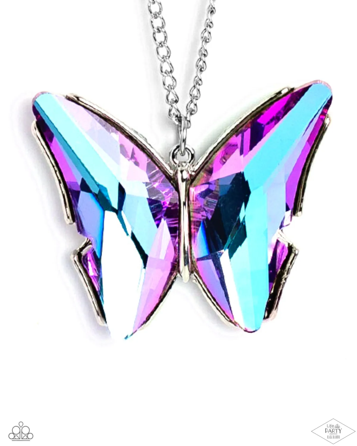 "The Social Butterfly Effect" Silver Metal & Purple UV Shimmer Stone Butterfly Necklace Set