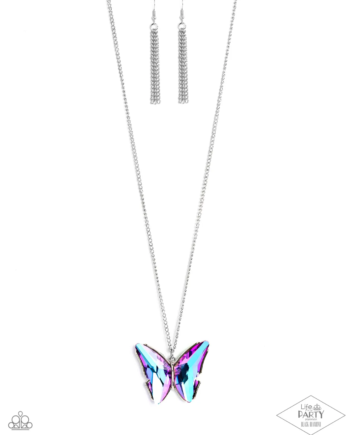 "The Social Butterfly Effect" Silver Metal & Purple UV Shimmer Stone Butterfly Necklace Set